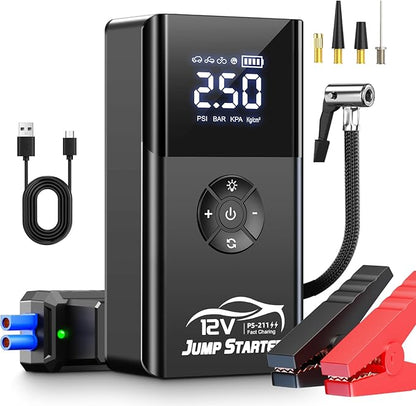 Jump Starter with Air Compressor, 8000A 180PSI, Portable Car Battery Jump Starter (All Gas/12L Diesel) 12V Automobile Jump Box Pack Chargers with Jumper Cables, 4-Mode LED Lights