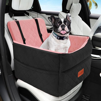HEGGCOOE Dog Car Seat for Small Medium Dogs, Memory Foam Puppy Dog Booster Seat with Thick Cushion for Dogs Under 35lbs, Detachable Washable Pet Car Seat Travel Bed with Storage Pockets,2 Safety Belts