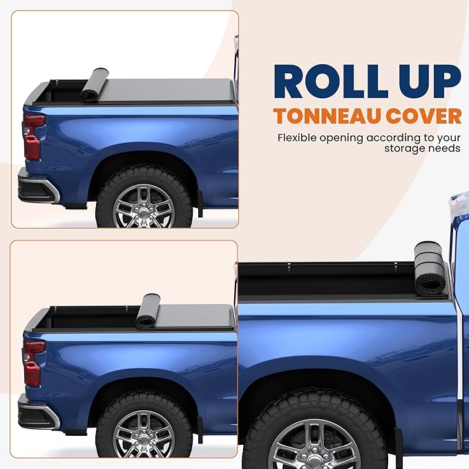 KUIPERAUTO 6.5FT Roll-Up Soft Vinyl Truck Bed Tonneau Cover Compatible for 07-13 Chevy Chevrolet Silverado/GMC Sierra 1500| 07-14 Silverado/Sierra 2500HD 3500HD Fleetside On Top -78 Inch
