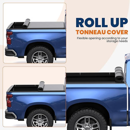 KUIPERAUTO 8FT Roll-Up Soft Vinyl Truck Bed Tonneau Cover Compatible for 14-18 Chevy Chevrolet Silverado/GMC Sierra 1500| 15-18 2500HD 3500HD (Inc. 2019 LD/Limited) Fleetside Long Bed On Top -96 Inch