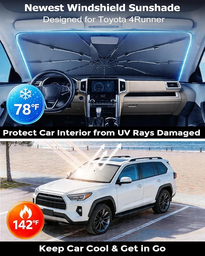 DMJN Umbrella Windshield Sun Shade for Toyota 4Runner (2017-2026), Car Sunshade for Front Windshield [Nano Ice-Crystal Coatings] UPF50+ Heat & UV Block, Protect Interior & Keep Cooler