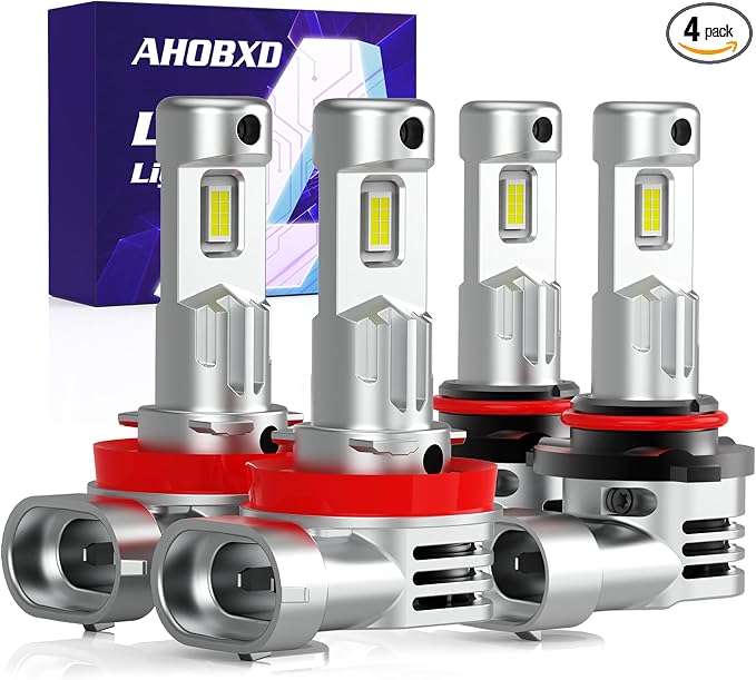 AHOBXD H11 9005 LED Bulbs Combo,Upgraded 900% 90000LM Brightest 1:1 Halogen Size H11 9005 Bulbs with Cooling Fan 80000hours Lifespans Super Bright H11 9005 Fog Light Bulbs(Pack of 4)