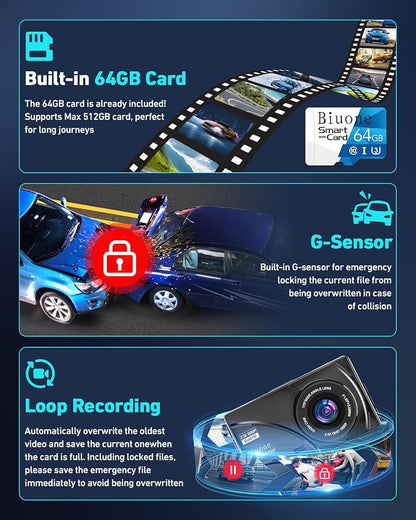 Dash Cam Front and Rear, 2.5K Dual Dash Camera for Cars W/ 64GB Card,3" IPS Screen Dash Cam Built-in 5G WIFI, Car Camera with G-Sensor, Loop Recording, Night Vision, 24H Parking Monitor,170°Wide Angle