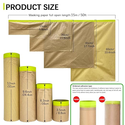 Tape and Drape - Paint Masking Paper, 4 Sizes (6",12",18",24"), 200ft Car & Furniture Protection Covering Paper, Paint Tape, Assorted Masking Paper