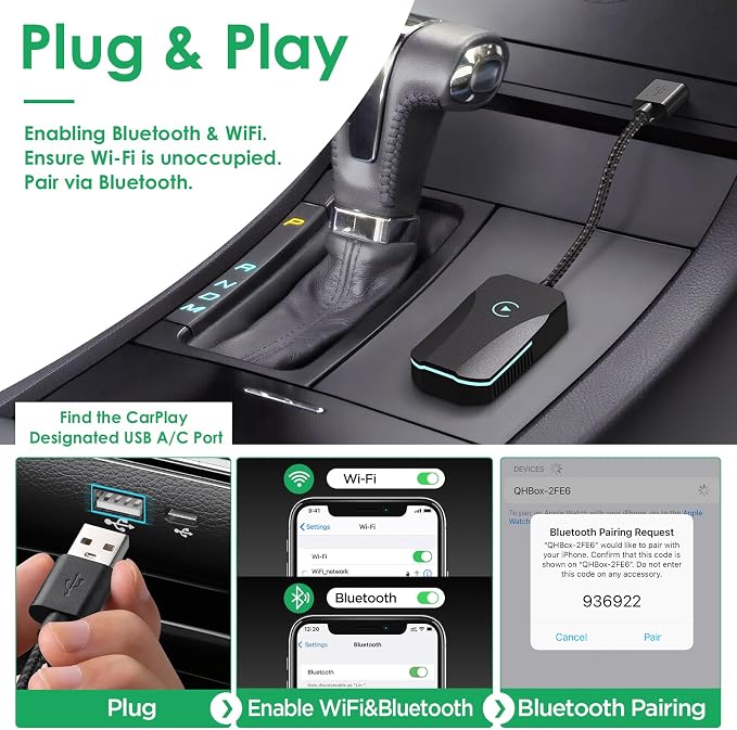 Wireless CarPlay Adapter, 2025 Upgraded Dual-Band (2.4GHz/5GHz) WiFi, Converts Wired to Wireless CarPlay, More Stable & Auto-Connect, Plug & Play for OEM Wired CarPlay Cars & iPhone iOS 10+ (Black).