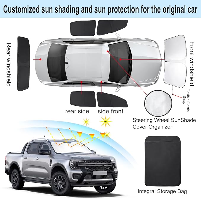 TINGLU Window Shades for Ford Ranger 2019-2024 Accessories Car Side Full Windows Rear Triangular Windshield Sun Shade Sun UV Rays & Privacy Protection for Camping 6PCS