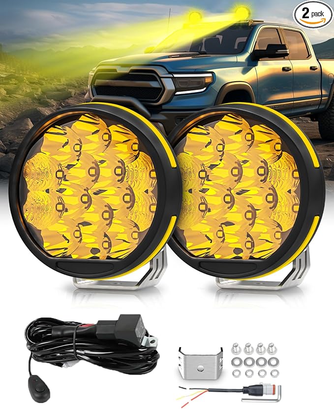 5 Inch LED Pods with Side Shoote, Super Bright 34000LM Yellow Flood Spot Combo Beam LED Driving Light Bar w/Amber DRL, 360° Wide Range Off Road Light w/Wiring Harness Kit - 2Pack