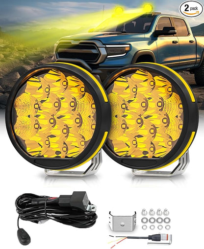 5 Inch LED Pods with Side Shoote, Super Bright 34000LM Yellow Flood Spot Combo Beam LED Driving Light Bar w/Amber DRL, 360° Wide Range Off Road Light w/Wiring Harness Kit - 2Pack