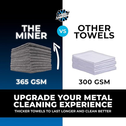 The Rag Company - The Miner - Professional Metal Polishing Microfiber Towels for Cars; Safe on High-End Wheels and Soft Metals, 70/30 Blend, Dual-Pile, 365GSM, 16in x 16in, Grey (10-Pack)