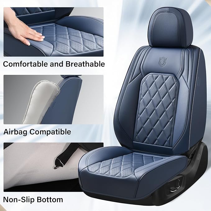 Coverado Car Seat Covers, Front Seat Cover, 2 Pack Luxury Faux Leather Seat Covers for Cars, Waterproof Car Seat Protector, Blue Car Seat Cover, Universal Car Seat Protectors Fit for Most Cars