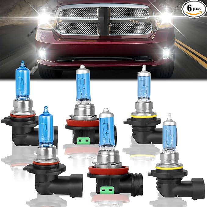 High-Performance Halogen Headlight Bulbs Fit for 2009-2018 Dodge Ram 1500 2500 3500 Without Projector/4 Head Lamps,9005 H11 High Low Beam & 9006 Fog Light 4800K White 150% Brighter Plug n Play,6 PCS