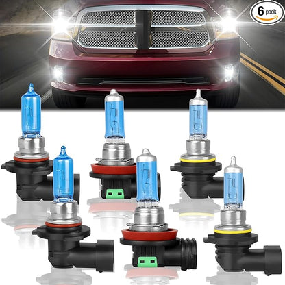 High-Performance Halogen Headlight Bulbs Fit for 2009-2018 Dodge Ram 1500 2500 3500 Without Projector/4 Head Lamps,9005 H11 High Low Beam & 9006 Fog Light 4800K White 150% Brighter Plug n Play,6 PCS