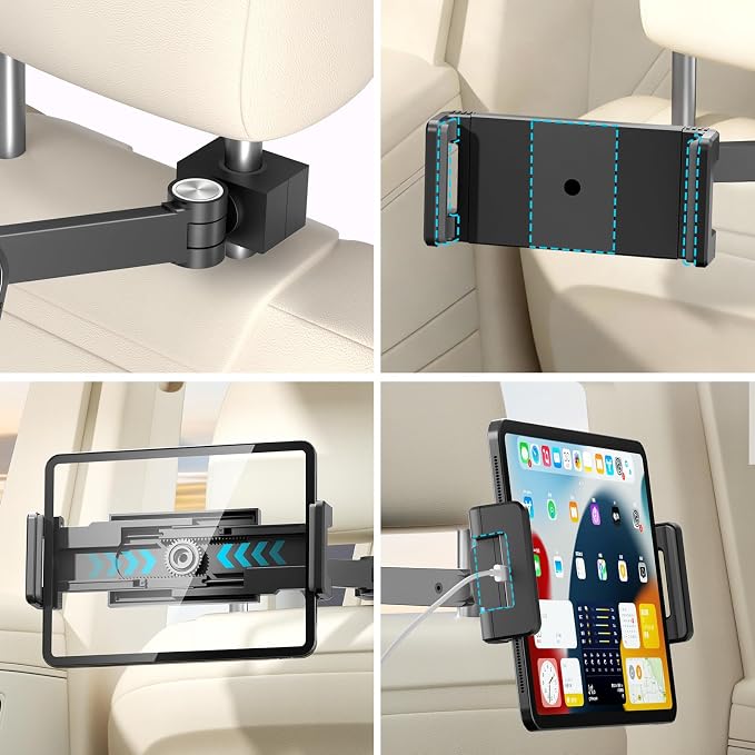 UPERGO Headrest Car Tablet Holder - [Long Aluminum Extension Arm] [Ultra-Compact] Foldable iPad Holder for Car Backseat, Road Trip Essentials iPad Back Seat Mount, Tablet Headrest Mount