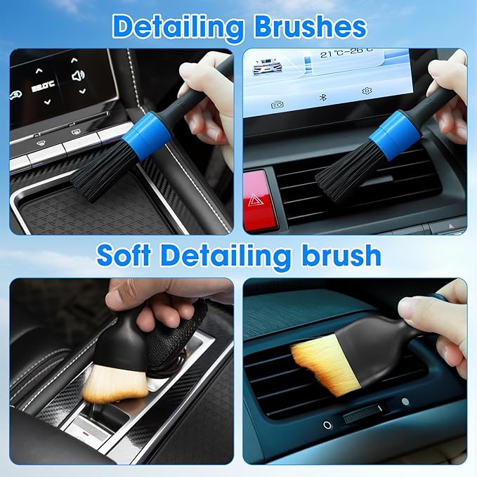 Windshield Cleaner Tool, Car Interior Cleaning Kit with Extendable Handle and 3 Reusable Microfiber Pads, Auto Glass Wiper and Detailing Brush Kit for Car & Home Window, Blue