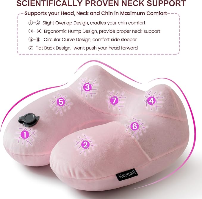 Keemall Inflatable Travel Pillow, Premium Soft Pink Velvet Inflatable Neck Pillow, Washable Lightweight Portable Travel Essentials for Flight Road Trip Camping Office, Travel Gift for Women Girls