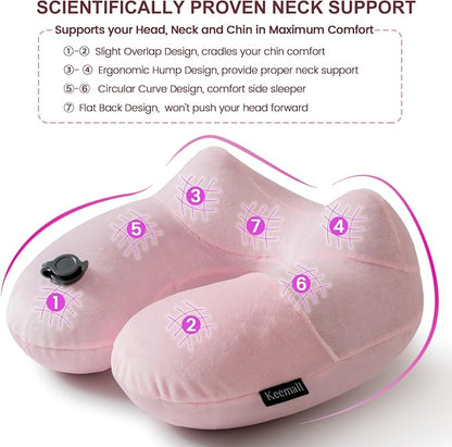 Keemall Inflatable Travel Pillow, Premium Soft Pink Velvet Inflatable Neck Pillow, Washable Lightweight Portable Travel Essentials for Flight Road Trip Camping Office, Travel Gift for Women Girls