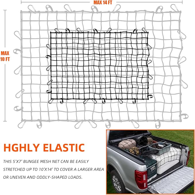 5’ x 7'Cargo Net for Pickup Truck Bed Stretches to 10' x 14' Heavy-Duty, Mesh Square Latex Bungee Netting with 14 Metal Carabiners + 14 Hooks- Compatible with Ford, Dodge RAM, Chevy, Toyota