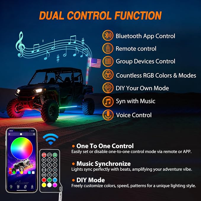Nilight LED Whip Light 1PC 5FT Spiral RGB Antenna Whips with Spring Base, App/Remote Control DIY Chasing Patterns Brake & Reverse Lights for Side by Side ATV UTV RZR Can-Am Buggy Jeep