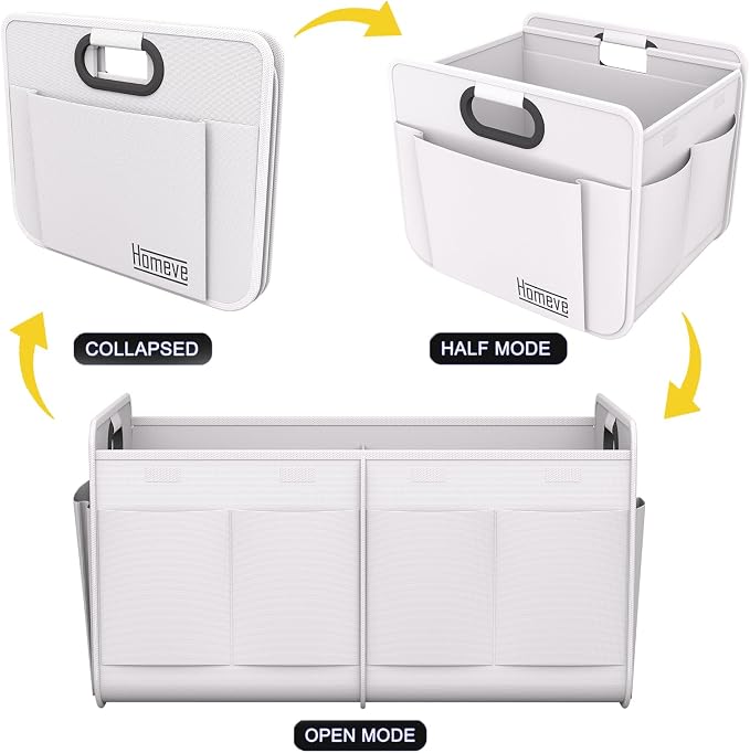 Homeve Car Trunk Organizer for SUV, 18.5Gal Large Capacity No-Sag Heavy Duty, Foldable Waterproof Anti-Slip Storage with 12 Pockets, Fit Sedan, Truck, Universal Car Accessories, White, 2 Compart,Large