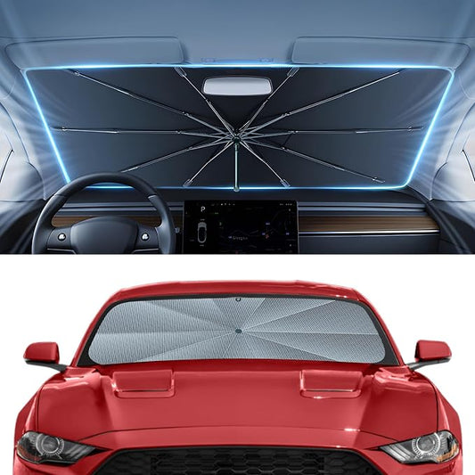 Autorder Windshield Sun Shade Umbrella for 2015-2023 Ford Mustang Accessories,Upgraded Ice Crystal Material,Easy Setup Umbrella Sunshade for Car Windshield,100% Sun Blocking