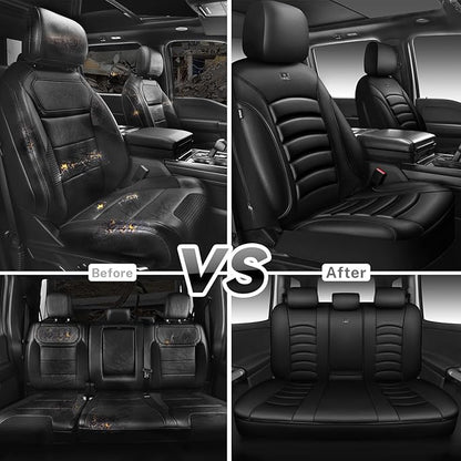 CAR PASS 3D Foam PU Leather Car Seat Covers, Universal Seat Covers Full Sets for Trucks SUV Sedan Automotive Seat Covers Armrest Airbag Compatible Waterproof Comfortable Faux Nappa Leather Pure Black