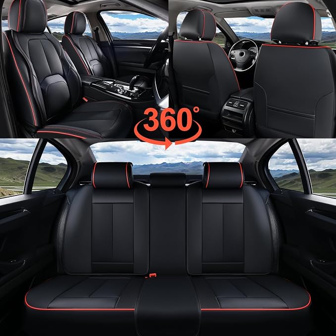 Coverado Car Seat Covers Full Set, Premium Nappa Leather Seat Covers for Car, Waterproof Car Seat Protector with Lumbar Support, Car Seat Cover Universal Fit for Most Cars SUV Truck(Black&Red)