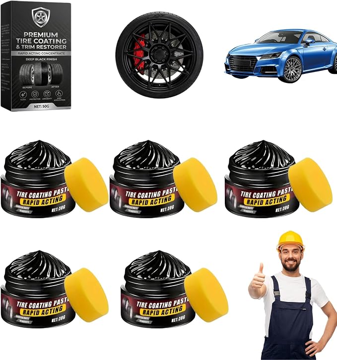 Premium Tire Coating & Trim Restorer, Tire Coating Paste Rapid Acting, Ceramic Tire Coating Bring Back Deep Black Shine to Rubber Plastic, Long-Lasting UV Protection (5PCS)