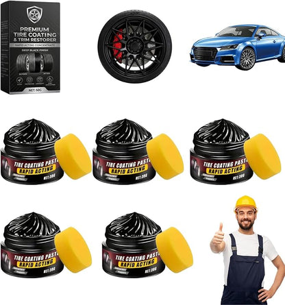 Premium Tire Coating & Trim Restorer, Tire Coating Paste Rapid Acting, Ceramic Tire Coating Bring Back Deep Black Shine to Rubber Plastic, Long-Lasting UV Protection (5PCS)