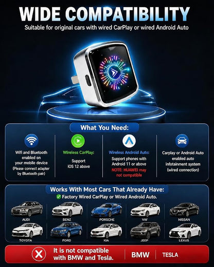 2-in-1 Wireless CarPlay & Android Auto Adapter+ 3FT Gray USB-A to USB-C Car Carplay Cable