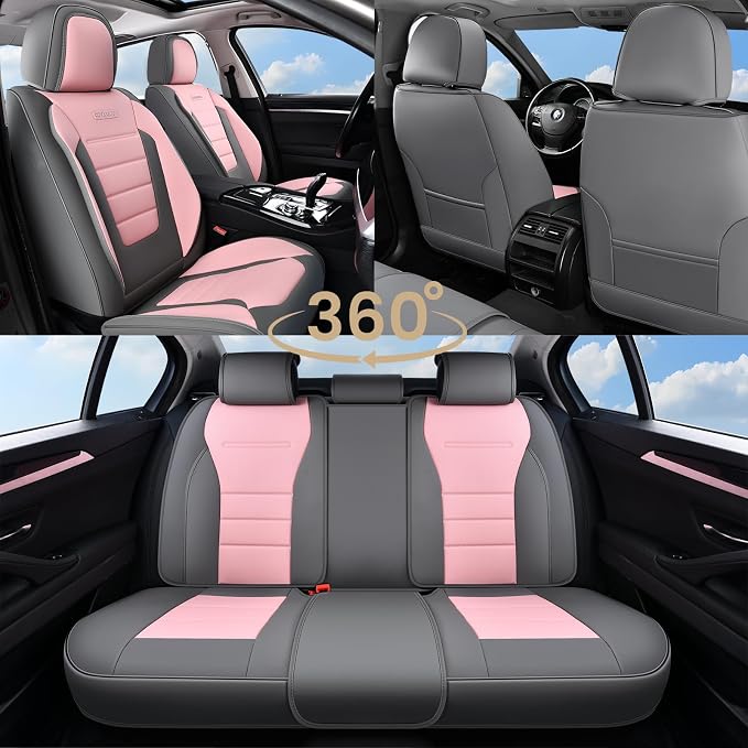 Coverado Car Seat Covers Front, Seat Covers for Cars, Waterproof 2-Pack Car Seat Cushions, Leather Carseat Seat Protectors, Universal Seat Covers Fit for Most Sedans SUV Pick-up Trucks(Gray&Pink)