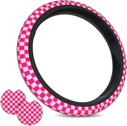 Pink Checkered Steering Wheel Cover Checkered hot Pink Steering Wheel Cover of Wome Anti-Slip Breathable Universal 14-15 Inch Car with 2 Pcs Car Coasters Suitable Men Women