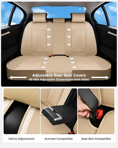 Huidasource Beige Back Seat Covers, Luxury Nappa Leather Rear Seat Cover with Velcro Adjustable, Child Seats, Ventilation Holes, Seat Belts, Car Back Seat Cover Fit for Most Cars SUV Trucks, Beige