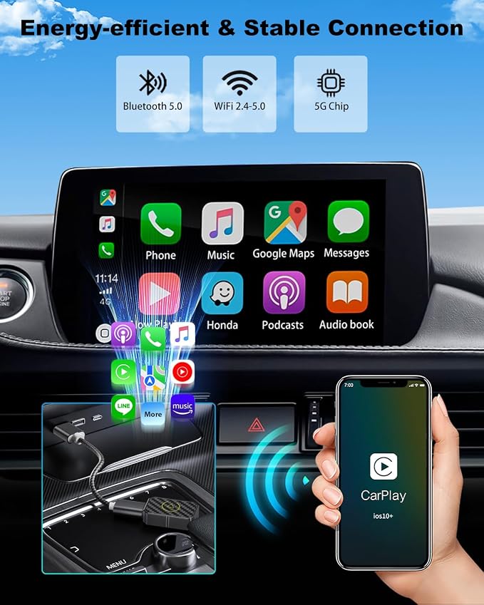 Mini Wireless CarPlay Adapter for Apple, Plug & Play Low Latency Converts Wired to Wireless CarPlay Dongle for iPhone iOS 10+, Connection Fast & Stable