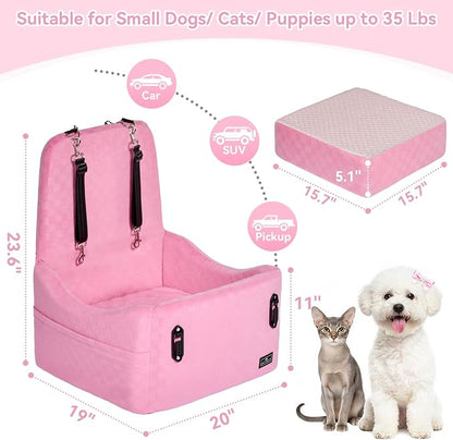 PETSFIT Dog Car Seat for Small/Medium Dogs Up to 35 lbs – Patented Safety System, 5" Memory Foam Pet Booster Car Seat, Fully Detachable and Washable Dog Carseat with 2 Storage Pockets (Pink)