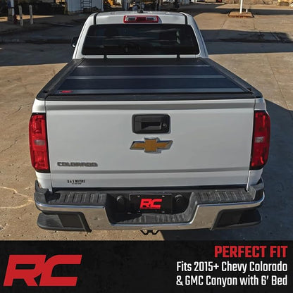 Rough Country Hard Low-Profile Tri-Fold Tonneau Cover for Chevy Colorado & GMC Canyon (2015-2026) - Low-Profile Aluminum Truck Bed Cover, Fits 6' Bed