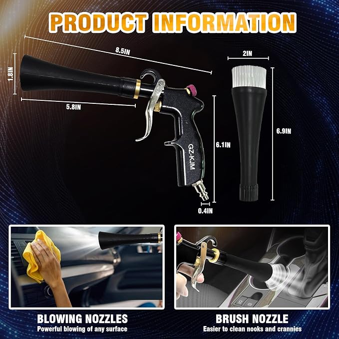 Air Blow Gun Car Interior Cleaning Gun High Pressure Car Detailing Cleaning Tool with Nozzle and Auto Detailing Dusting Brush for Quickly Blasts Dirt and Dust from Surface
