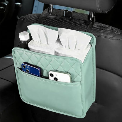 Car Seat Back Organizer, Leather Backseat Hanging Storage Bag, Multipurpose Car Hanging Trash Bag with 2 Compartments, Car Large Capacity Pouch Pocket for Kids & Adults (Green)