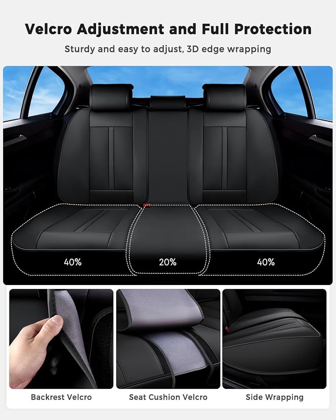 Huidasource Back Seat Cover, Luxury Nappa Leather Back Car Seat Cover, Back seat Covers with Velcro Adjustable, Cooling Holes, Seat Belts, Child Safety Seats etc, Fit for Most Cars SUV Trucks, Black