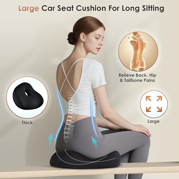 FLORICH Upgrade Large Car Seat Cushion for Long Sitting, Ergonomic Memory Foam Driving Seat Cushion for Back & Sciatica Pain Relief, Non-Slip Washable Seat Cushion for Car, Driver, Office-Black