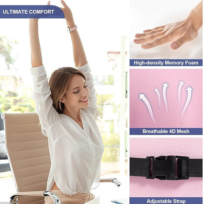 BYMECOST Lumbar Support Pillow for Car, Memory Foam Car Seat Back Support Pillow for Driving, Back Cushion with Strap for Pain Relief, Ergonomic Back Cushion for Office Chair, Wheelchair (Pink)