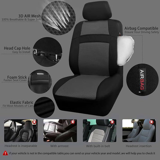CAR PASS 3D Air Mesh Car Seat Covers Full Sets w/5mm Sponge, 4Pcs Waterproof Car Floor Mats, Steering Wheel Cover Universal Fit for SUV Sedan Truck, Airbag Compatible Automotive Interior(Black Gray)