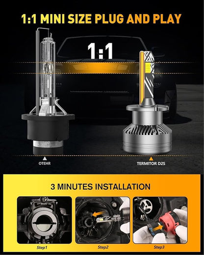 Termitor D2S Fog Light Bulbs, 55000LM 1000% Brighter 6500K Cool White | 1:1 Mini Size, Plug and Play, CAN-Bus Ready, IP68 Waterproof Lights for SUV, Off Road Vehicles, Pack of 2