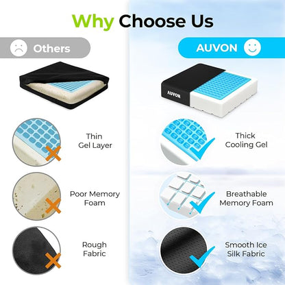 AUVON Cooling Gel Seat Cushion for Long Sitting without Stuffiness, Memory Foam Wheelchair Seat Cushion for Back & Sciatica Relief, Breathable Chair Cushion with Strap for Car, Office, Home, Anti-Slip