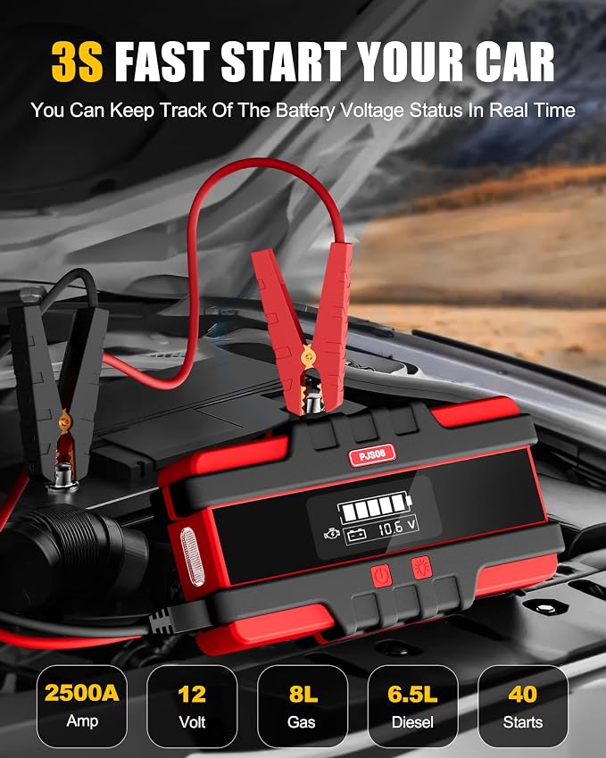 Battery Jumper Starter Portable, 2500A (12V) - Portable Booster Pack with Voltage Detection & Protection for Gas/Diesel (Up to 8.0L/6.5L)