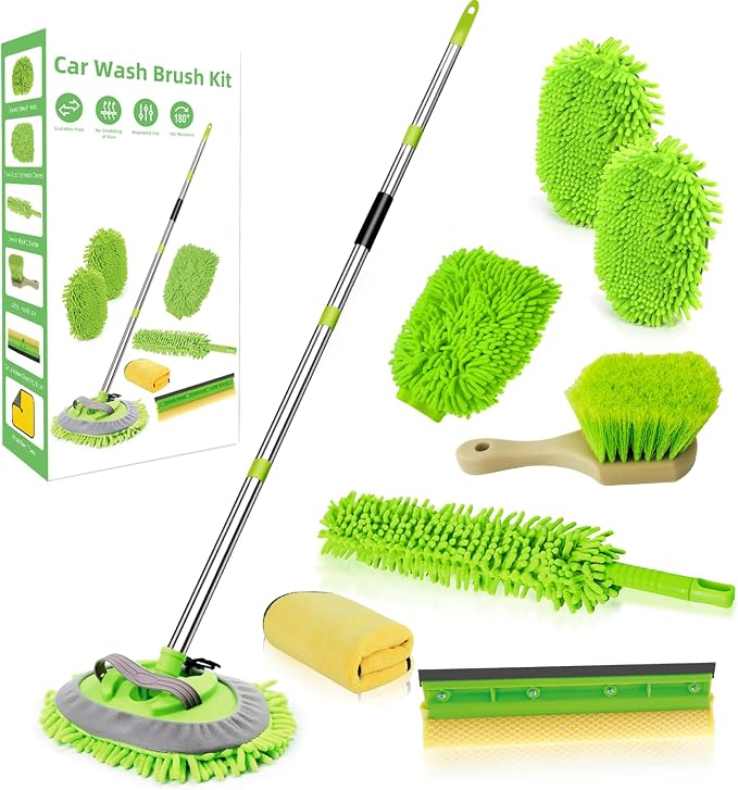 62" Car Wash Brush with Long Handle Chenille Microfiber Car Wash Mop Mitt, Wheel Brush, Windshield Window Squeegee, Car Duster Microfiber Towel, Gloves, for Cleaning Cars, RV, Truck, Boat