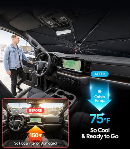 Wigoo Windshield Sun Shade Umbrella for Chevrolet Silverado 1500 2019-2026 [100% Sun Blockage, Ice Cooling Fabric] Foldable Front Window Sunshade Umbrella for Chevrolet Silverado 1500 2019-2026
