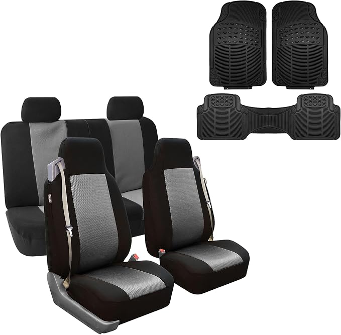FH Group FH-FB302114 All Purpose Flat Cloth Car Seat Covers Gray/Black Color with F11306 Vinyl Floor Mats- Fit Most Car, Truck, SUV, or Van