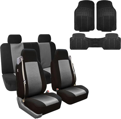 FH Group FH-FB302114 All Purpose Flat Cloth Car Seat Covers Gray/Black Color with F11306 Vinyl Floor Mats- Fit Most Car, Truck, SUV, or Van