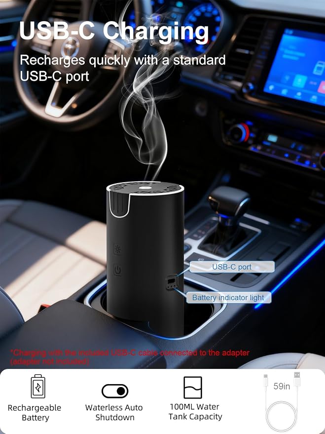 Marchred 100ML Car Diffuser, USB Rechargeable Battery Operated, Cordless Portable Essential Oil Diffuser with 7 LED Color Lights, 2 Timer Modes