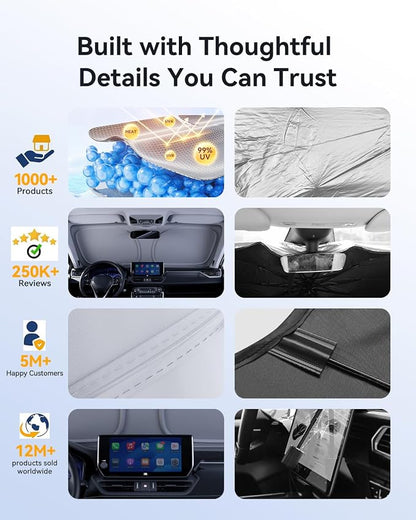 helloleiboo Windshield Sun Shade for Ford Explorer 2020-2026, Graphene Honeycomb Heat Shield with UV Protection, Foldable Custom Fit Front Window Sunshade for SUV, Silver 64" x 32"